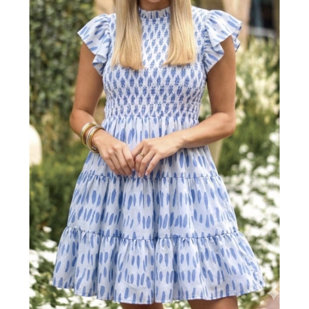 J Marie Dress Abstract Polka‎ Dot White Blue Smocked Size Large Flutter Sleeve